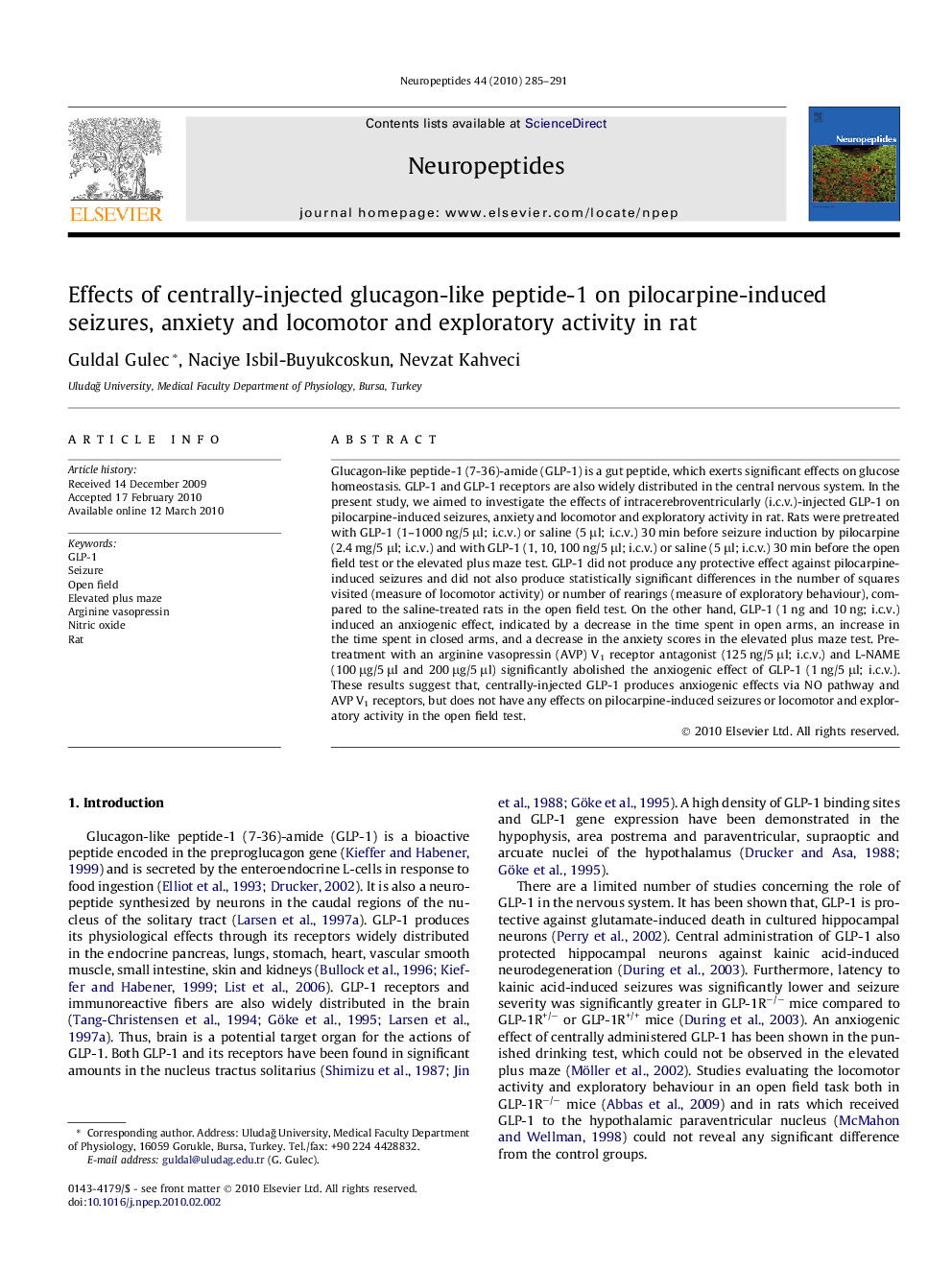 Effects of centrally-injected glucagon-like peptide-1 on pilocarpine-induced seizures, anxiety and locomotor and exploratory activity in rat