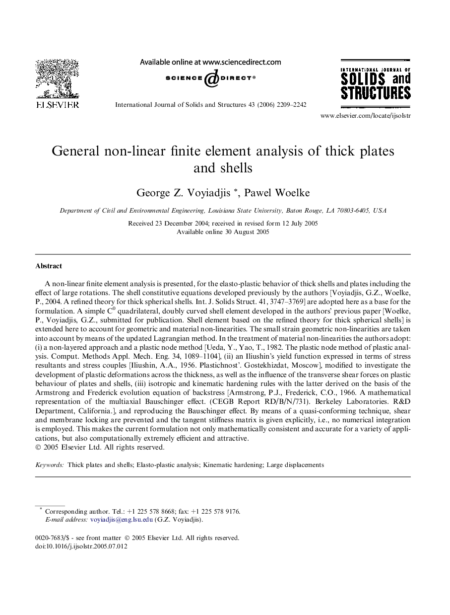 General non-linear finite element analysis of thick plates and shells