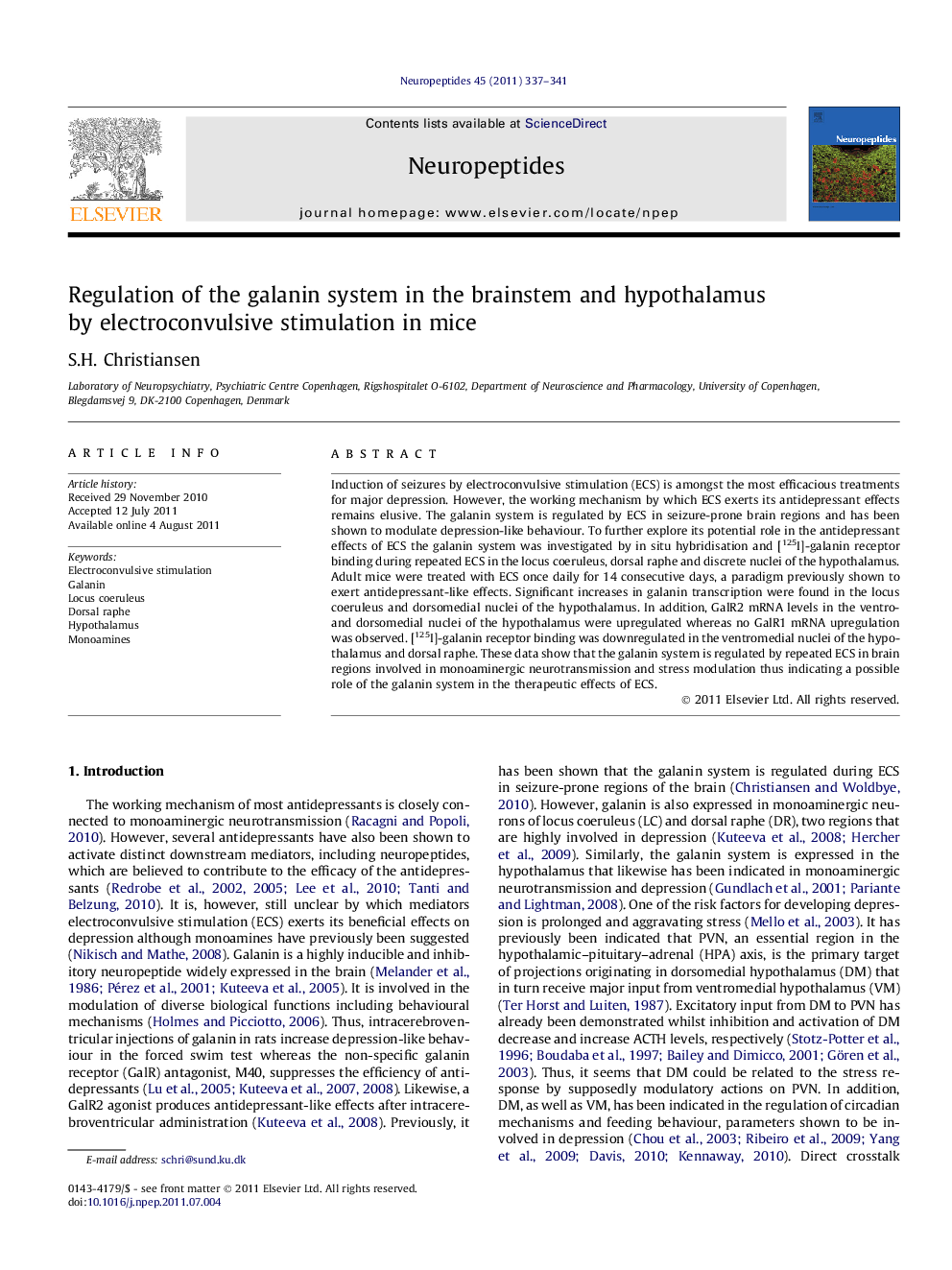 Regulation of the galanin system in the brainstem and hypothalamus by electroconvulsive stimulation in mice