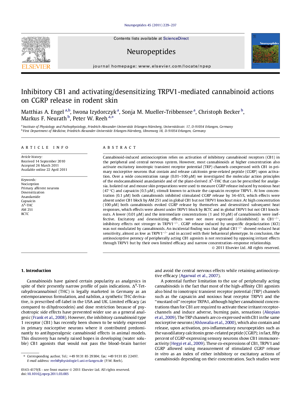 Inhibitory CB1 and activating/desensitizing TRPV1-mediated cannabinoid actions on CGRP release in rodent skin