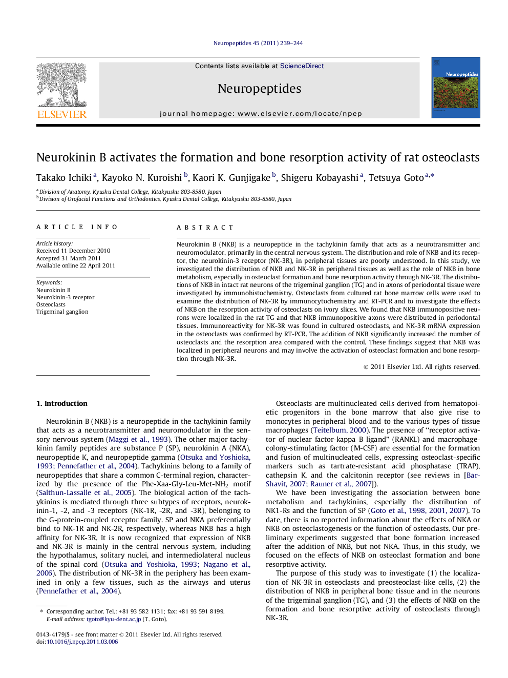 Neurokinin B activates the formation and bone resorption activity of rat osteoclasts