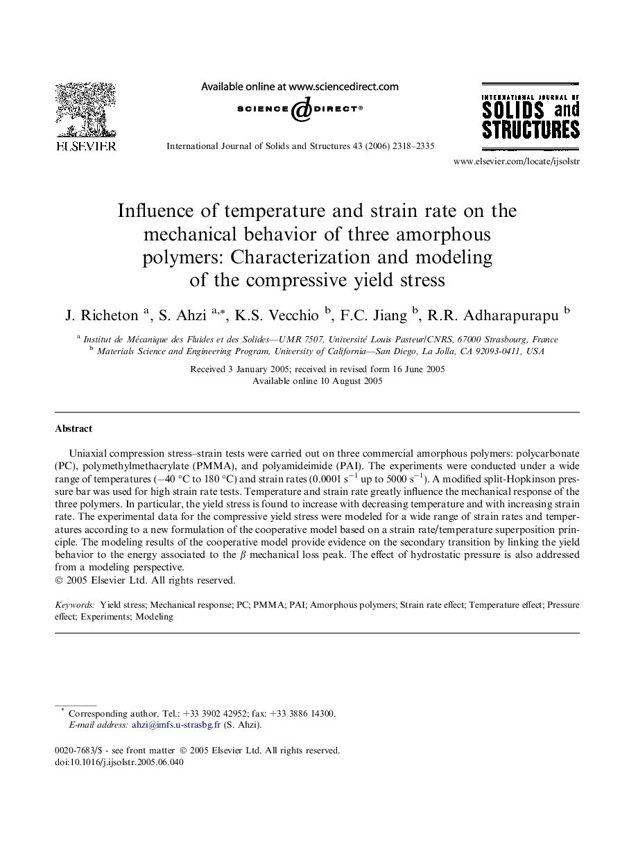 Influence of temperature and strain rate on the mechanical behavior of three amorphous polymers: Characterization and modeling of the compressive yield stress