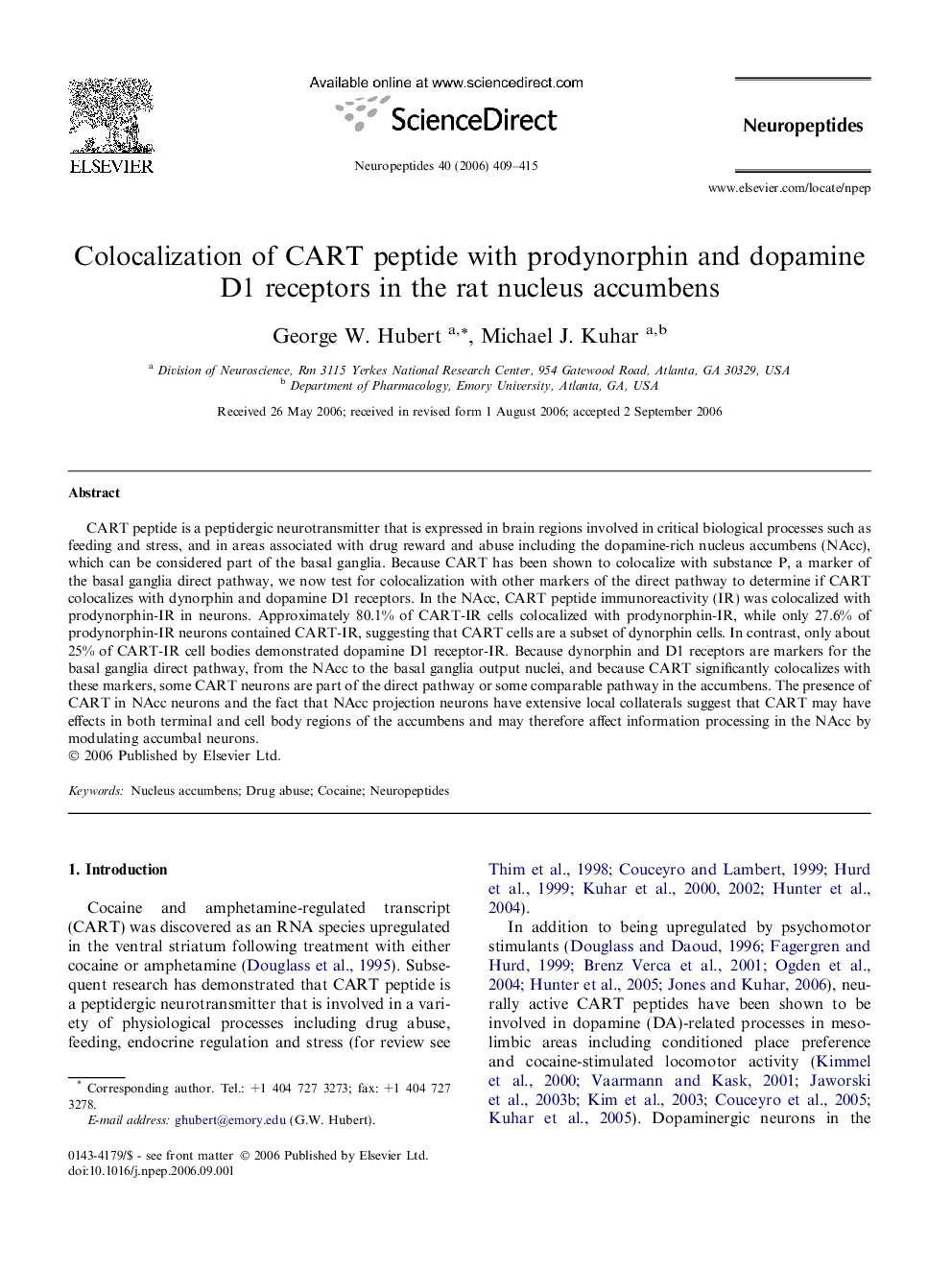 Colocalization of CART peptide with prodynorphin and dopamine D1 receptors in the rat nucleus accumbens