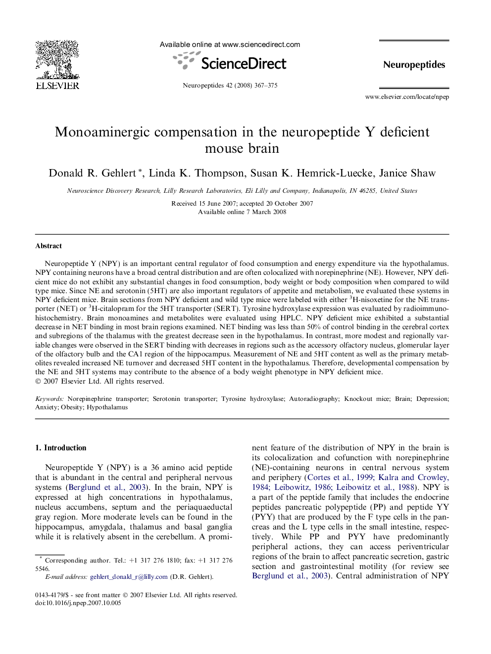 Monoaminergic compensation in the neuropeptide Y deficient mouse brain