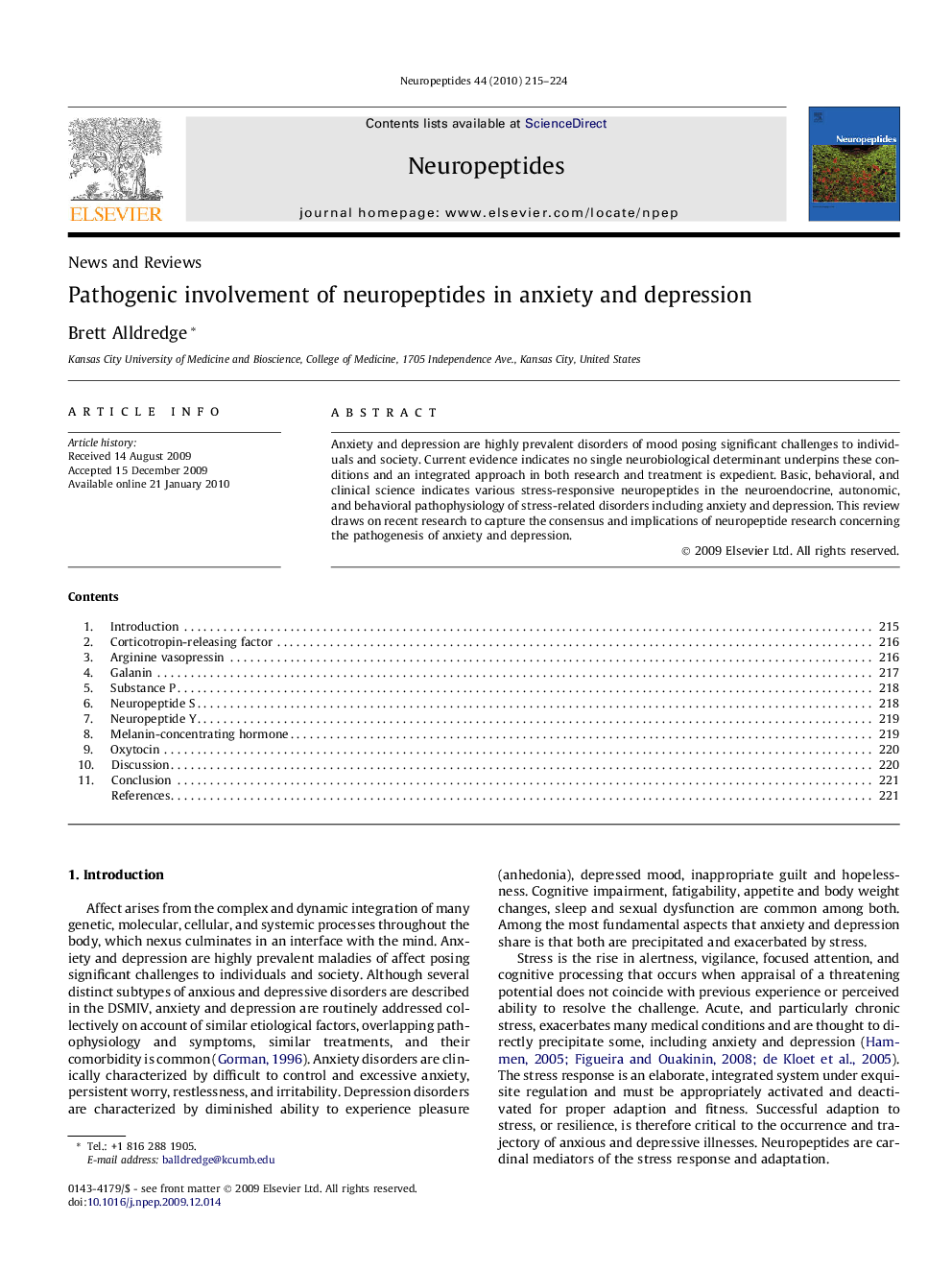 Pathogenic involvement of neuropeptides in anxiety and depression