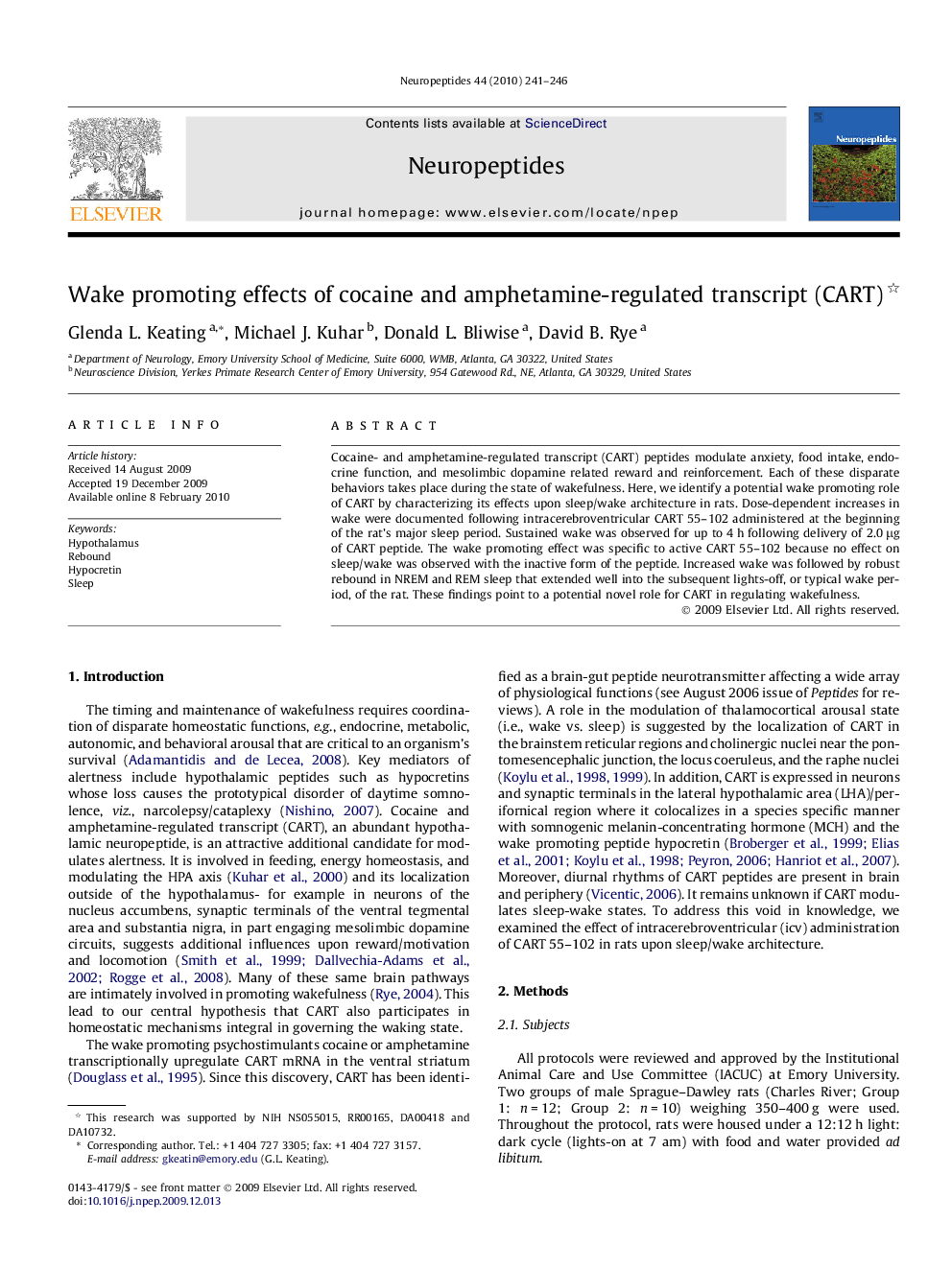 Wake promoting effects of cocaine and amphetamine-regulated transcript (CART) 