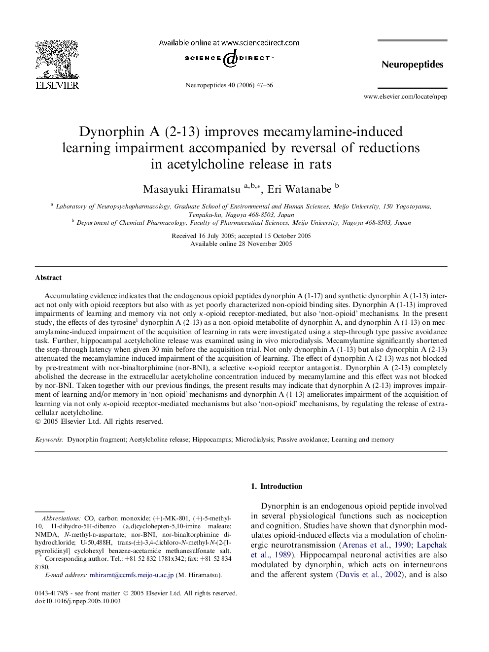 Dynorphin A (2-13) improves mecamylamine-induced learning impairment accompanied by reversal of reductions in acetylcholine release in rats