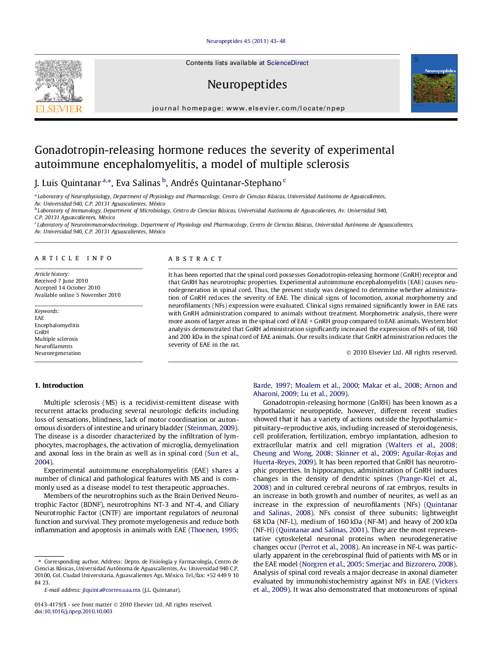 Gonadotropin-releasing hormone reduces the severity of experimental autoimmune encephalomyelitis, a model of multiple sclerosis