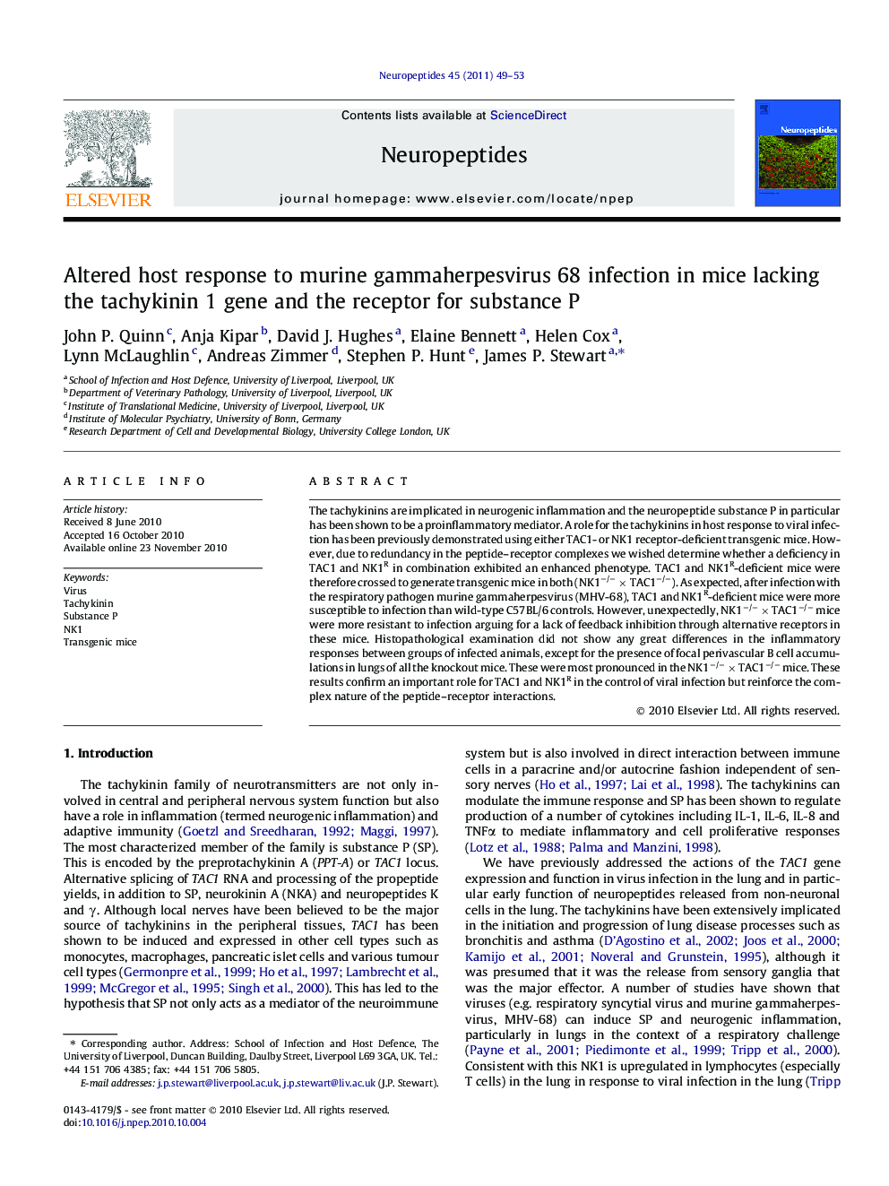 Altered host response to murine gammaherpesvirus 68 infection in mice lacking the tachykinin 1 gene and the receptor for substance P