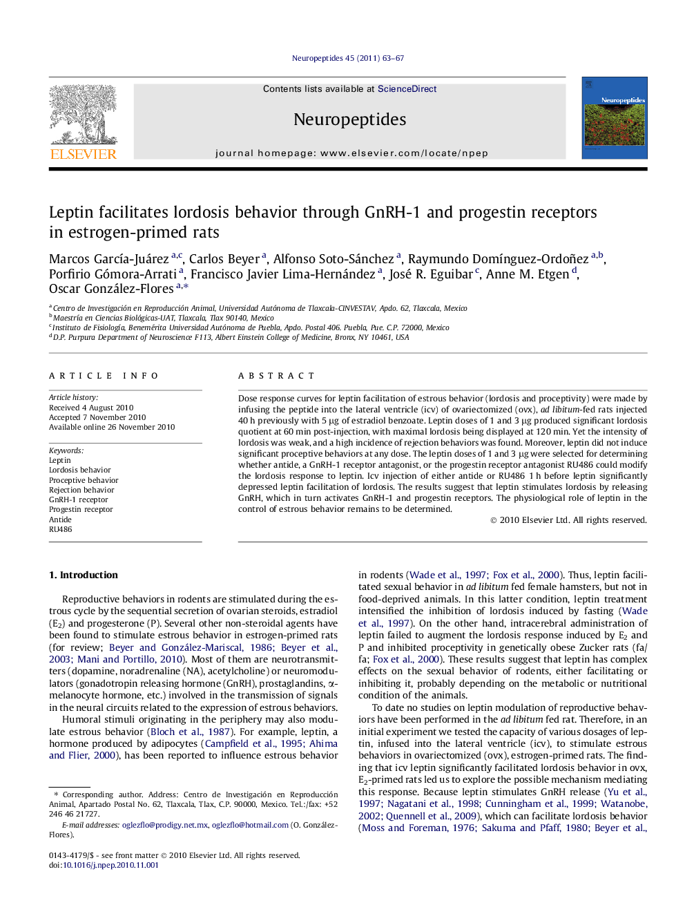 Leptin facilitates lordosis behavior through GnRH-1 and progestin receptors in estrogen-primed rats