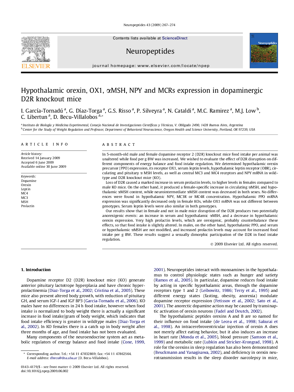 Hypothalamic orexin, OX1, αMSH, NPY and MCRs expression in dopaminergic D2R knockout mice