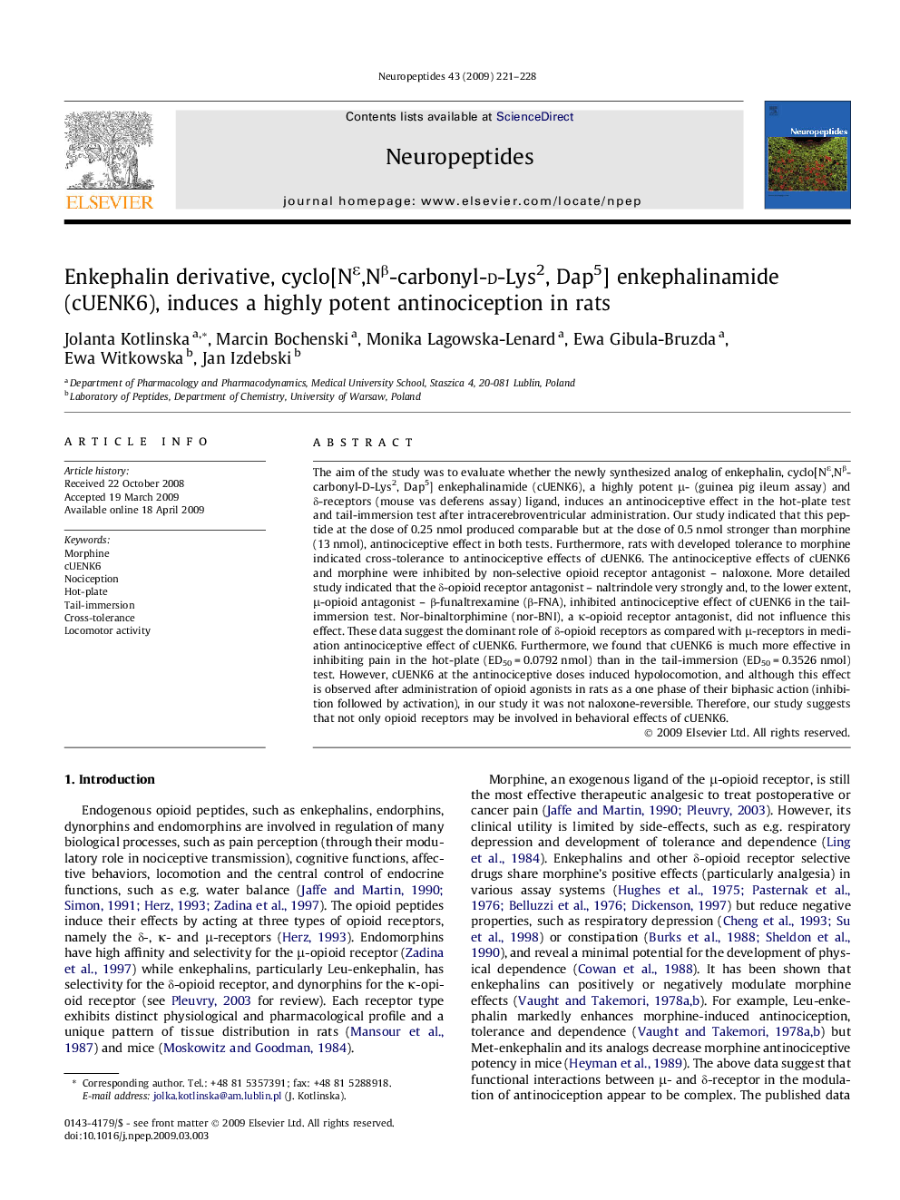 Enkephalin derivative, cyclo[Nε,Nβ-carbonyl-d-Lys2, Dap5] enkephalinamide (cUENK6), induces a highly potent antinociception in rats