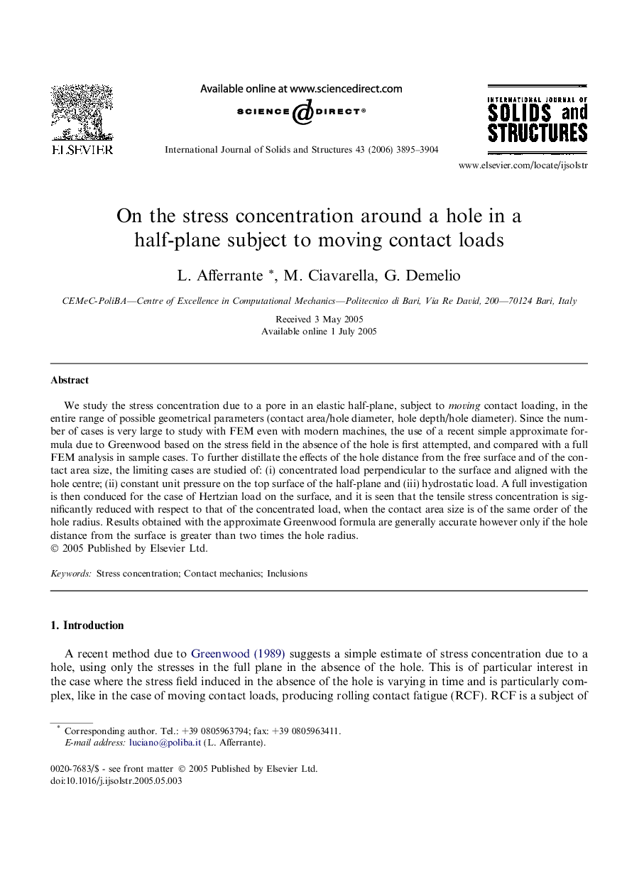 On the stress concentration around a hole in a half-plane subject to moving contact loads