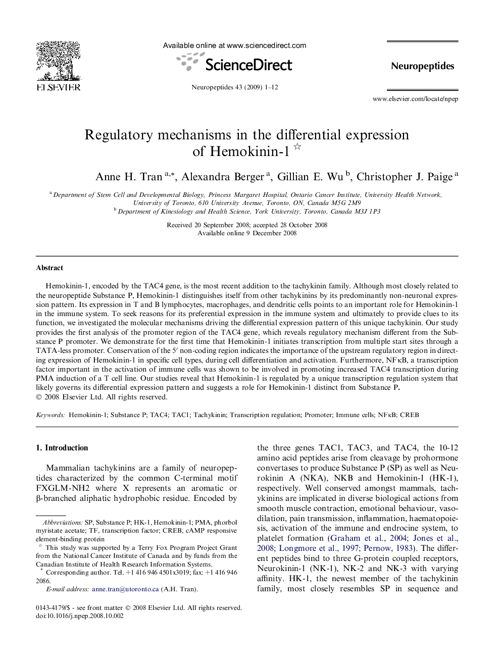 Regulatory mechanisms in the differential expression of Hemokinin-1 