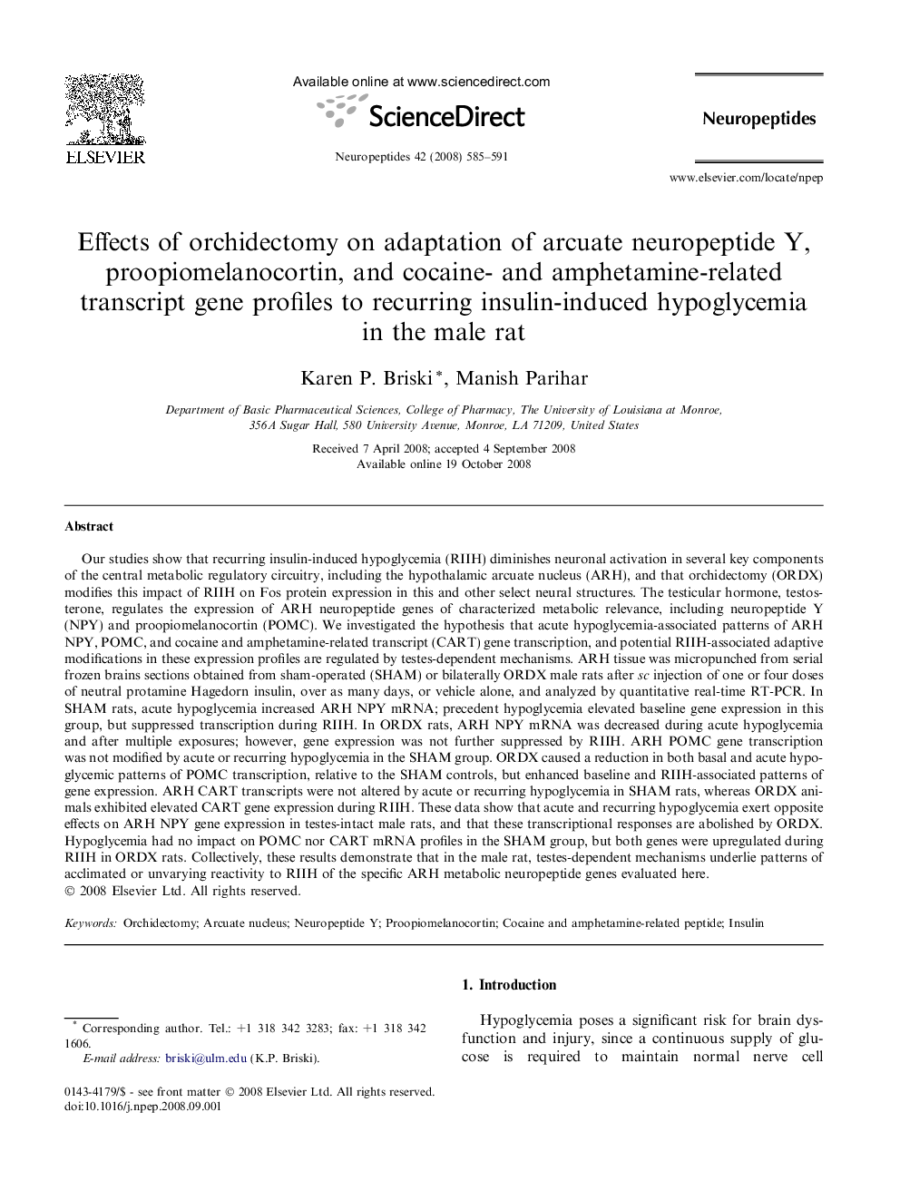 Effects of orchidectomy on adaptation of arcuate neuropeptide Y, proopiomelanocortin, and cocaine- and amphetamine-related transcript gene profiles to recurring insulin-induced hypoglycemia in the male rat