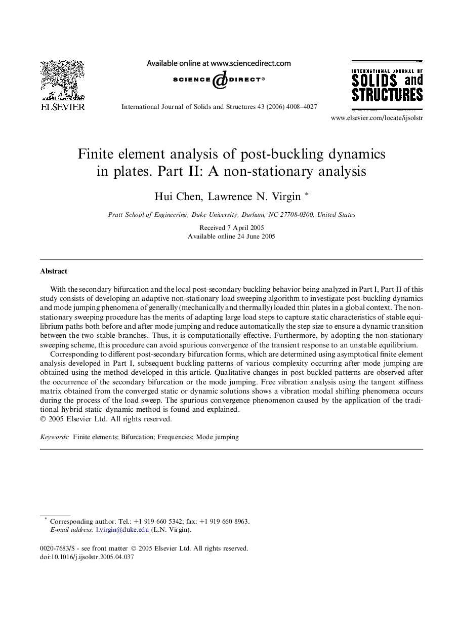 Finite element analysis of post-buckling dynamics in plates. Part II: A non-stationary analysis