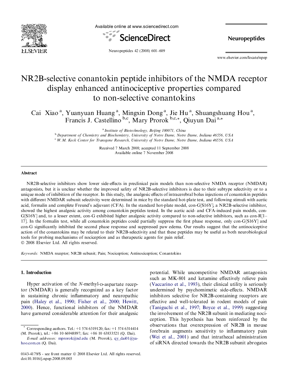 NR2B-selective conantokin peptide inhibitors of the NMDA receptor display enhanced antinociceptive properties compared to non-selective conantokins