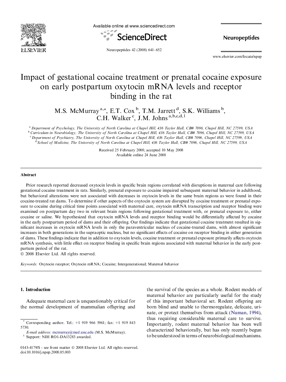 Impact of gestational cocaine treatment or prenatal cocaine exposure on early postpartum oxytocin mRNA levels and receptor binding in the rat