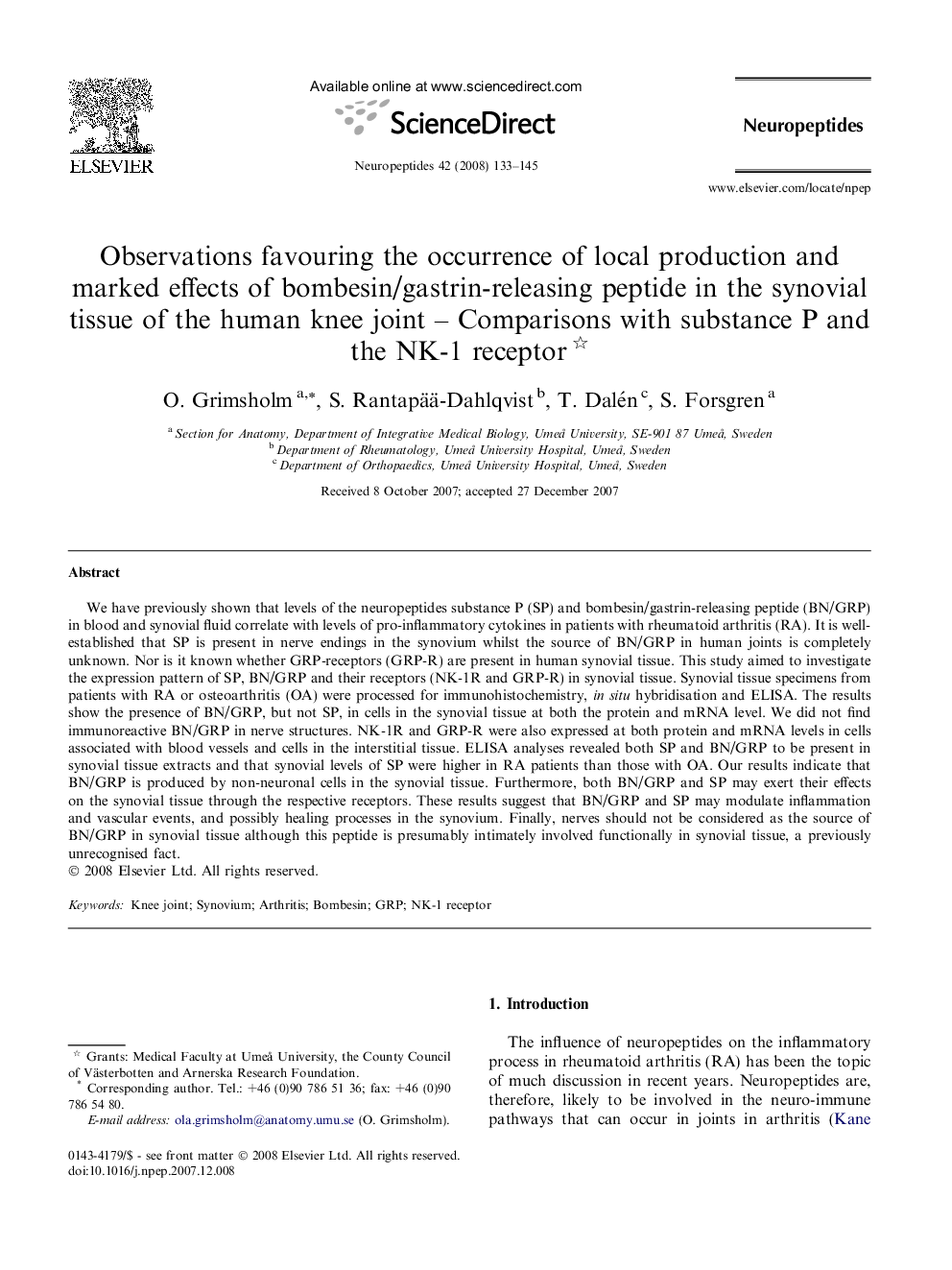 Observations favouring the occurrence of local production and marked effects of bombesin/gastrin-releasing peptide in the synovial tissue of the human knee joint - Comparisons with substance P and the NK-1 receptor