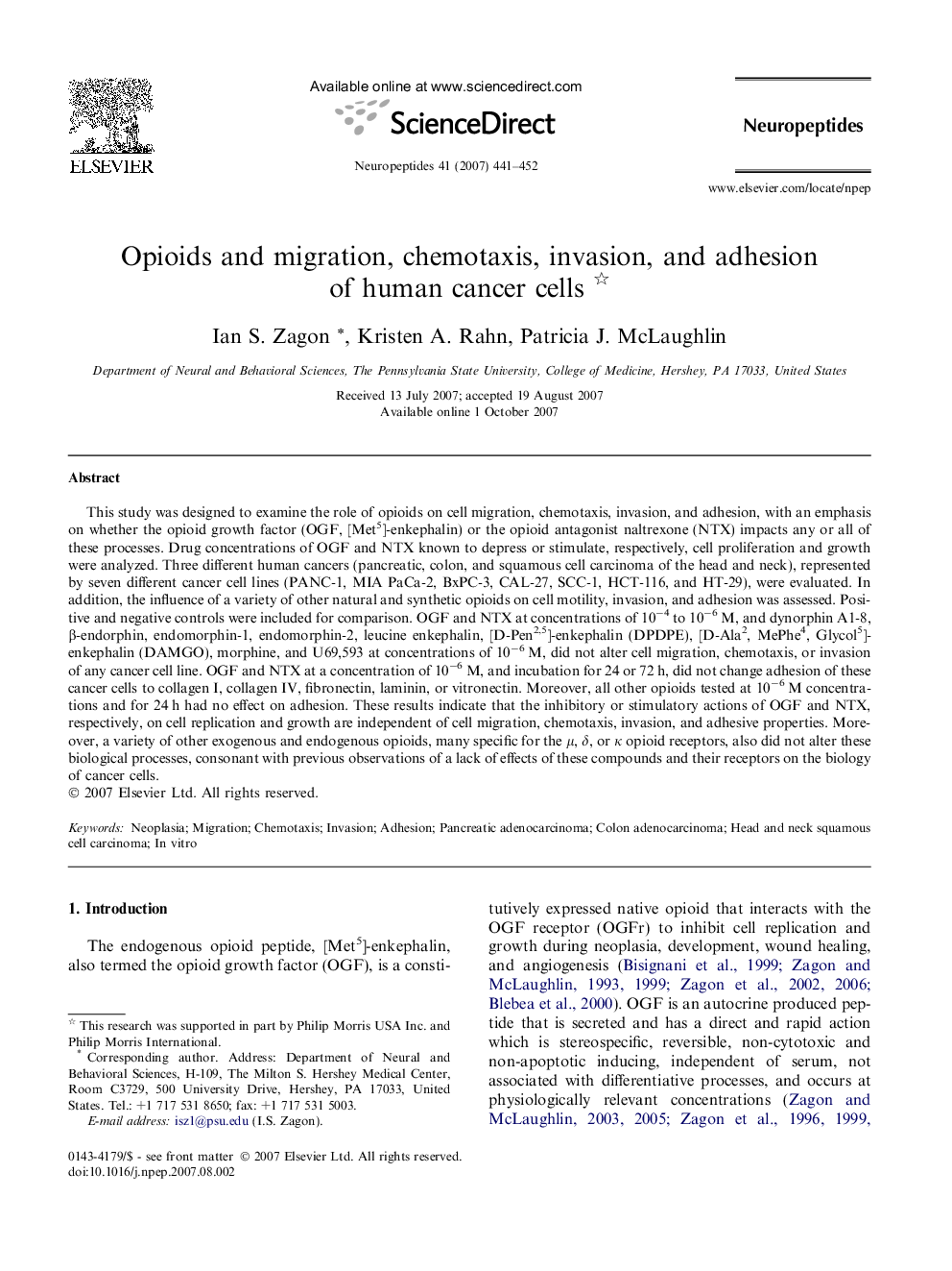 Opioids and migration, chemotaxis, invasion, and adhesion of human cancer cells 