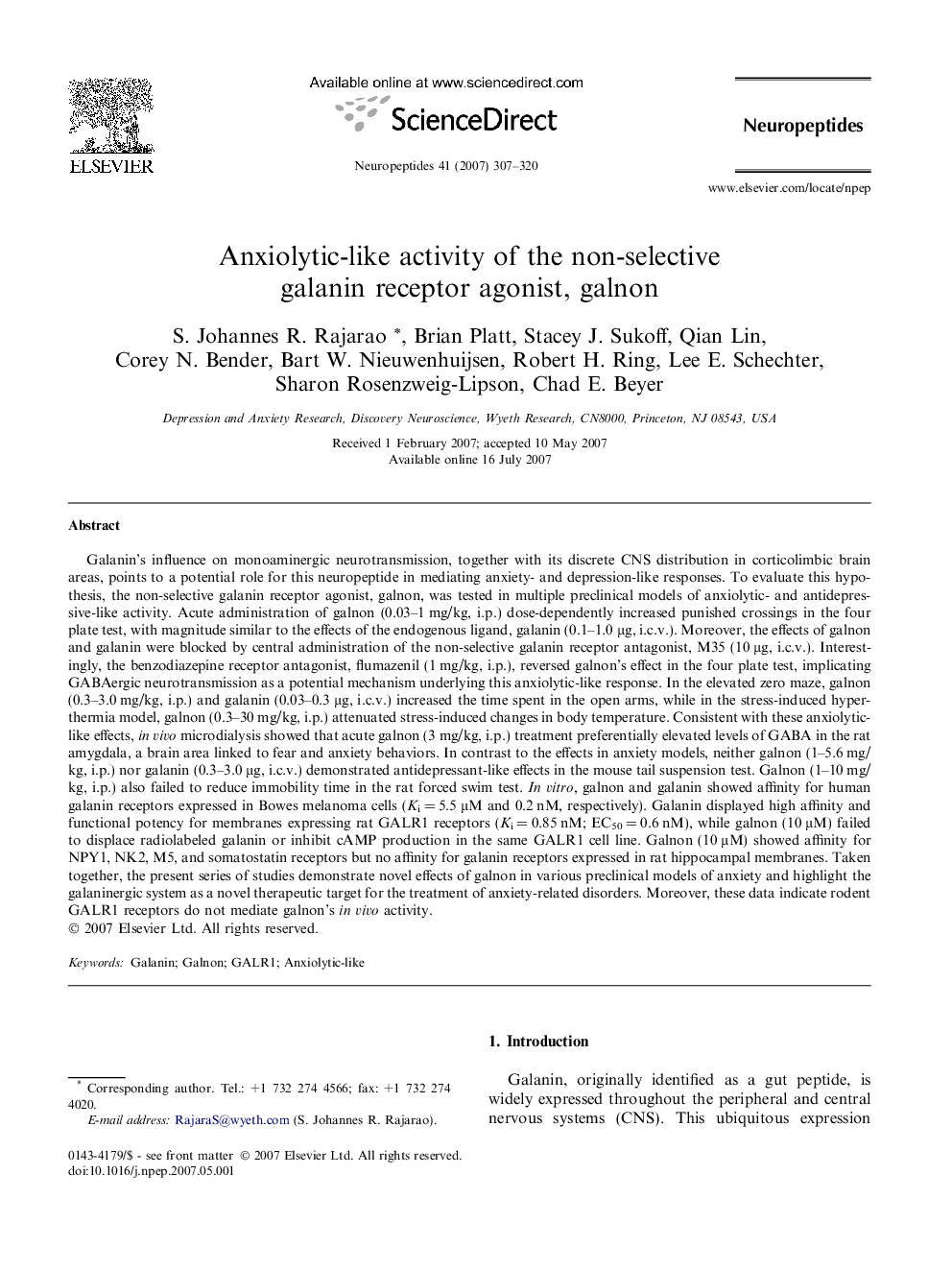 Anxiolytic-like activity of the non-selective galanin receptor agonist, galnon