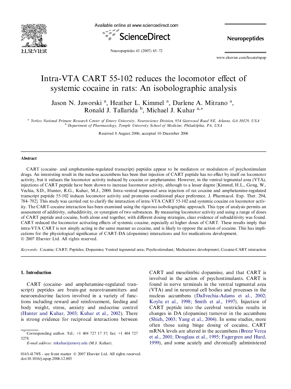 Intra-VTA CART 55-102 reduces the locomotor effect of systemic cocaine in rats: An isobolographic analysis