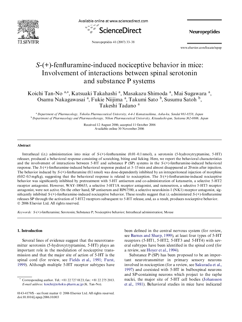 S-(+)-fenfluramine-induced nociceptive behavior in mice: Involvement of interactions between spinal serotonin and substance P systems