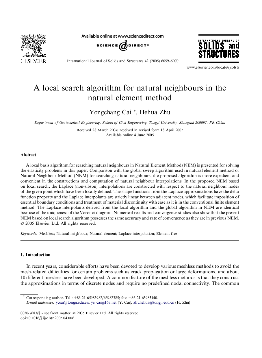 A local search algorithm for natural neighbours in the natural element method