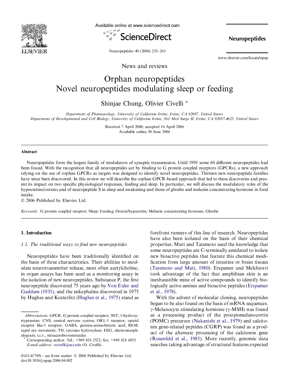 Orphan neuropeptides: Novel neuropeptides modulating sleep or feeding