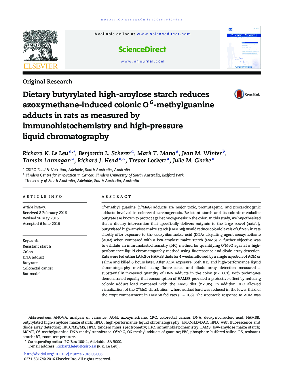 Dietary butyrylated high-amylose starch reduces azoxymethane-induced colonic O6-methylguanine adducts in rats as measured by immunohistochemistry and high-pressure liquid chromatography