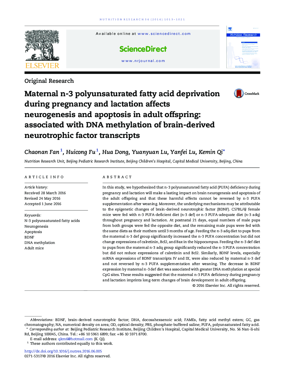 Maternal n-3 polyunsaturated fatty acid deprivation during pregnancy and lactation affects neurogenesis and apoptosis in adult offspring: associated with DNA methylation of brain-derived neurotrophic factor transcripts