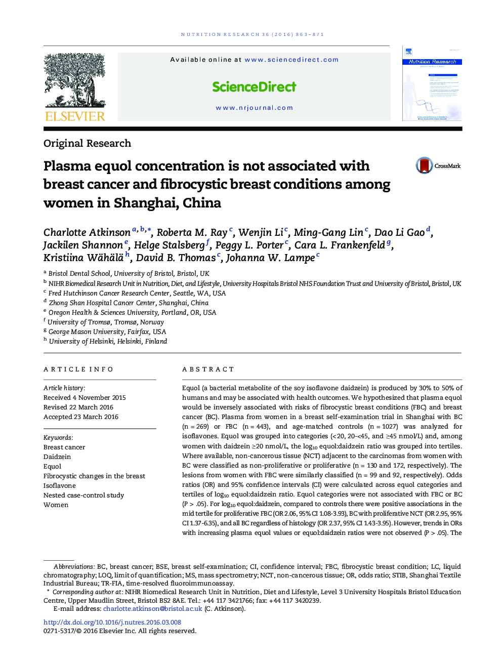 Plasma equol concentration is not associated with breast cancer and fibrocystic breast conditions among women in Shanghai, China