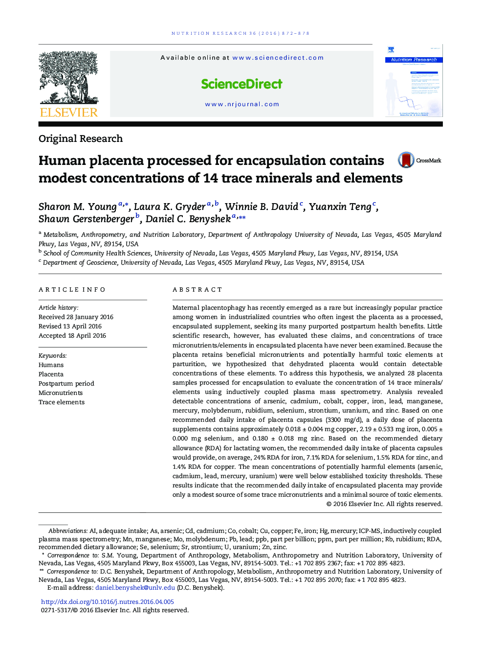 Human placenta processed for encapsulation contains modest concentrations of 14 trace minerals and elements