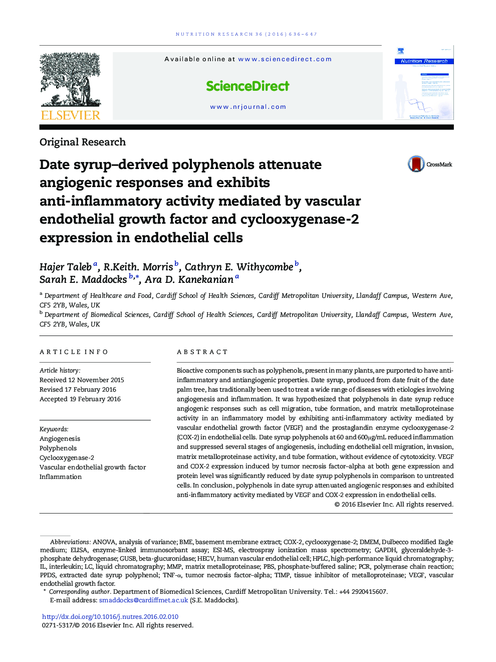 Date syrup–derived polyphenols attenuate angiogenic responses and exhibits anti-inflammatory activity mediated by vascular endothelial growth factor and cyclooxygenase-2 expression in endothelial cells