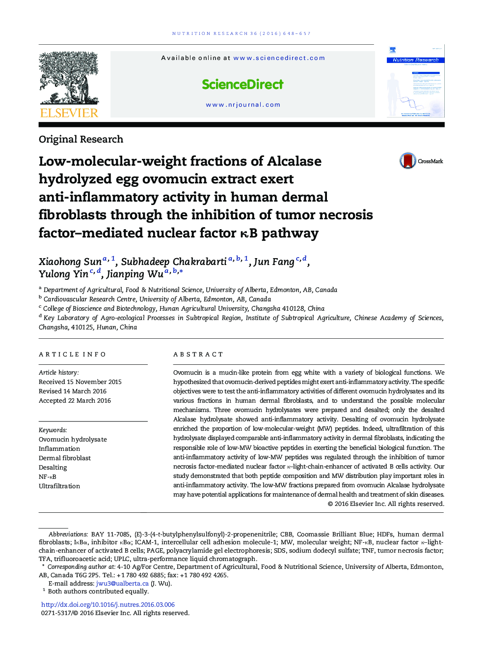Low-molecular-weight fractions of Alcalase hydrolyzed egg ovomucin extract exert anti-inflammatory activity in human dermal fibroblasts through the inhibition of tumor necrosis factor–mediated nuclear factor κB pathway