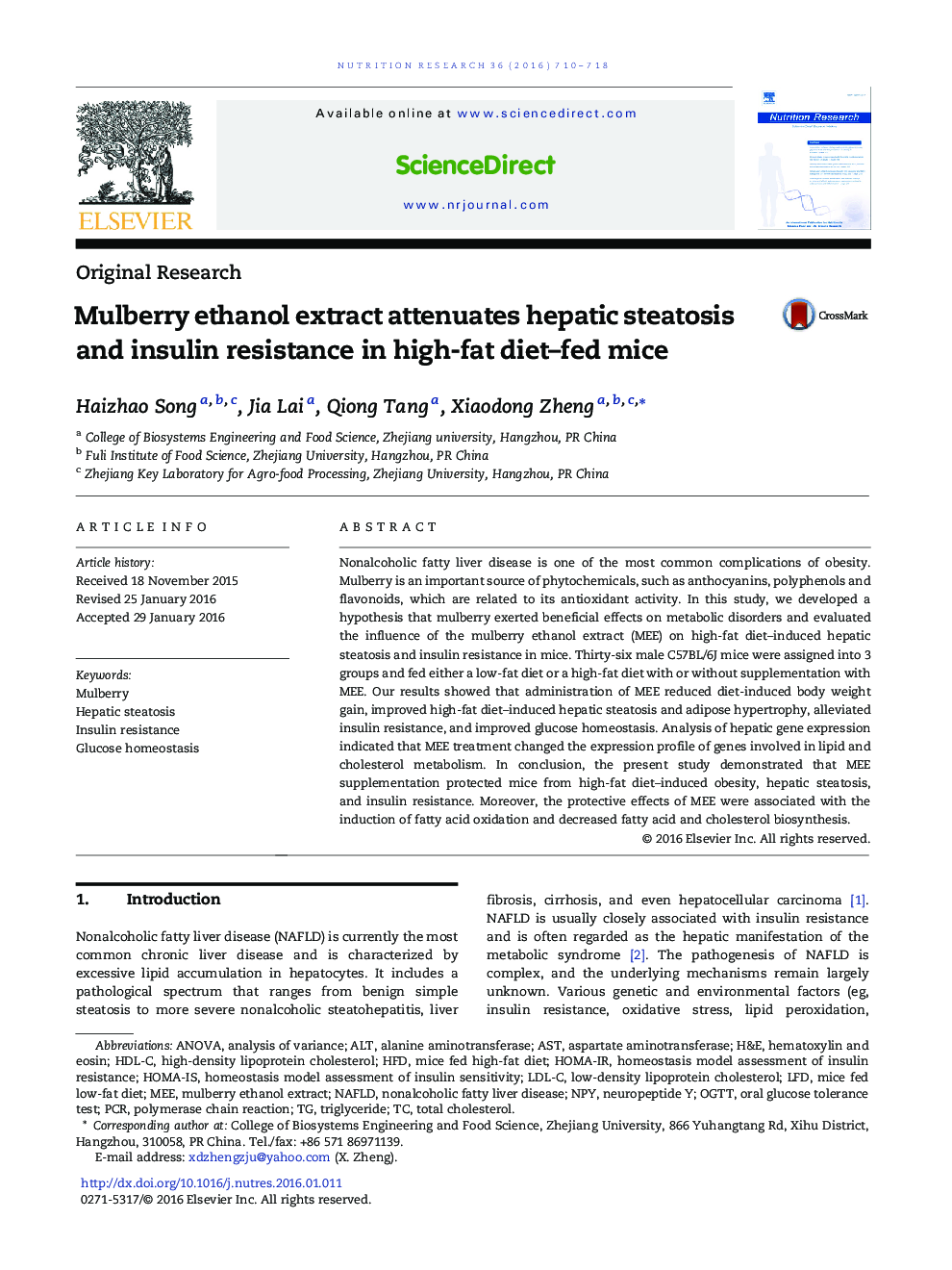 Mulberry ethanol extract attenuates hepatic steatosis and insulin resistance in high-fat diet–fed mice