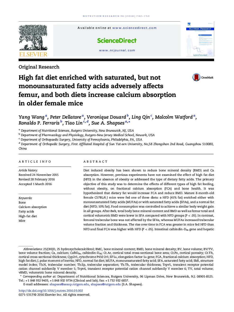 High fat diet enriched with saturated, but not monounsaturated fatty acids adversely affects femur, and both diets increase calcium absorption in older female mice