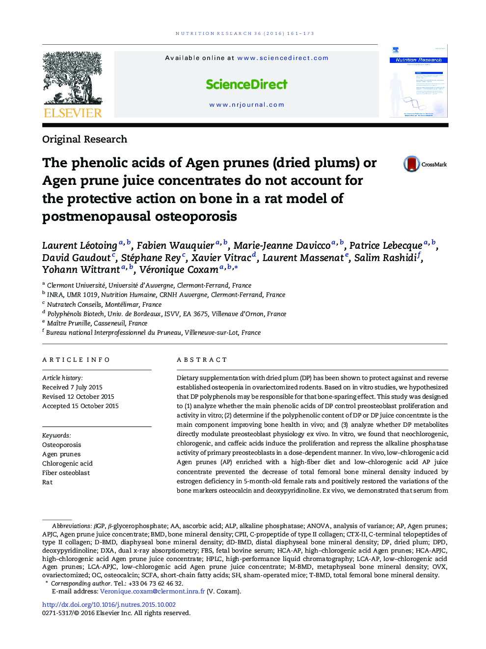 The phenolic acids of Agen prunes (dried plums) or Agen prune juice concentrates do not account for the protective action on bone in a rat model of postmenopausal osteoporosis