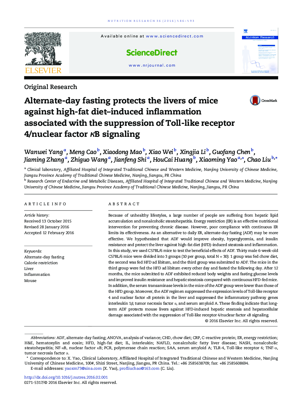 Alternate-day fasting protects the livers of mice against high-fat diet–induced inflammation associated with the suppression of Toll-like receptor 4/nuclear factor κB signaling