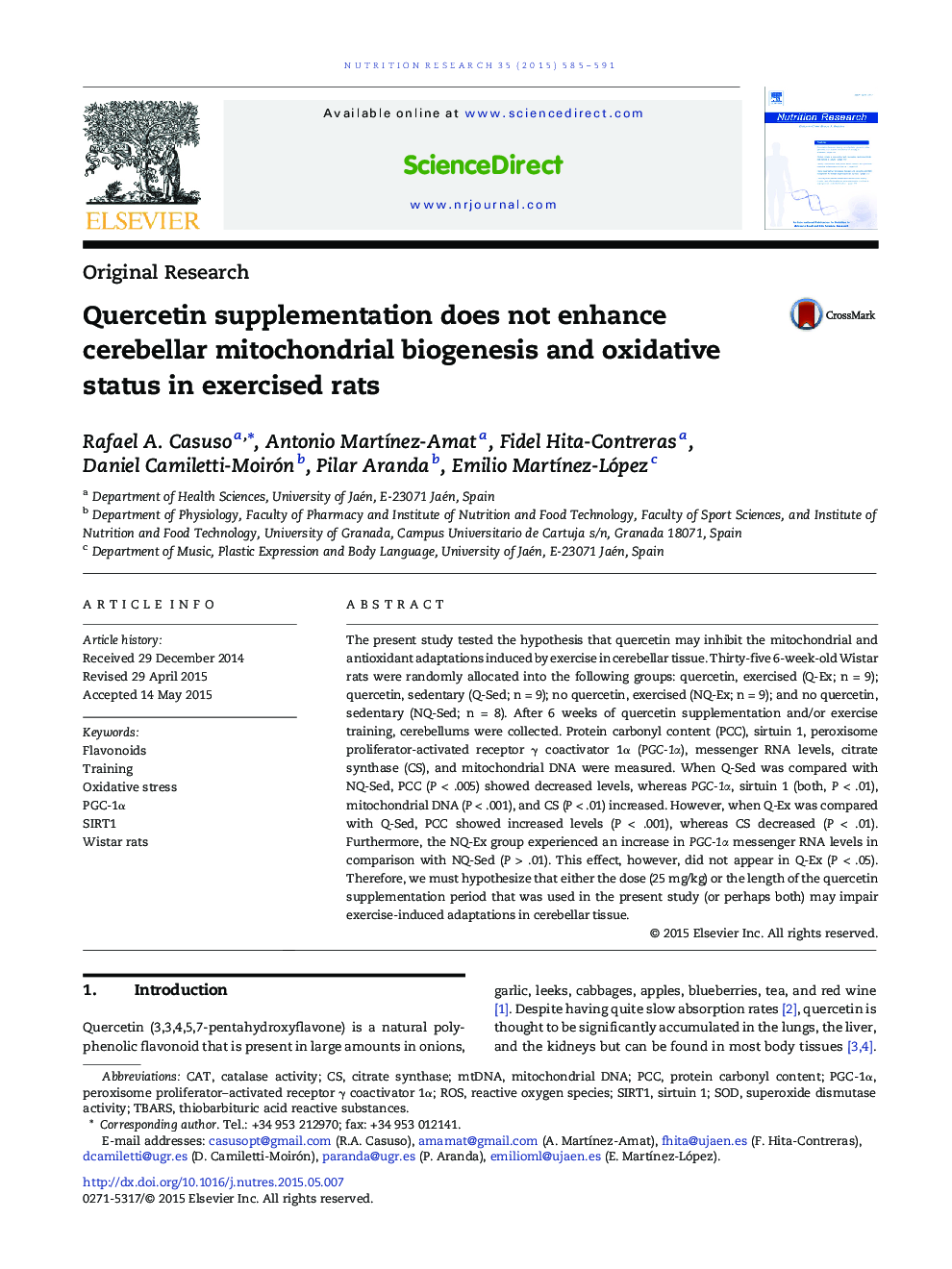 Quercetin supplementation does not enhance cerebellar mitochondrial biogenesis and oxidative status in exercised rats