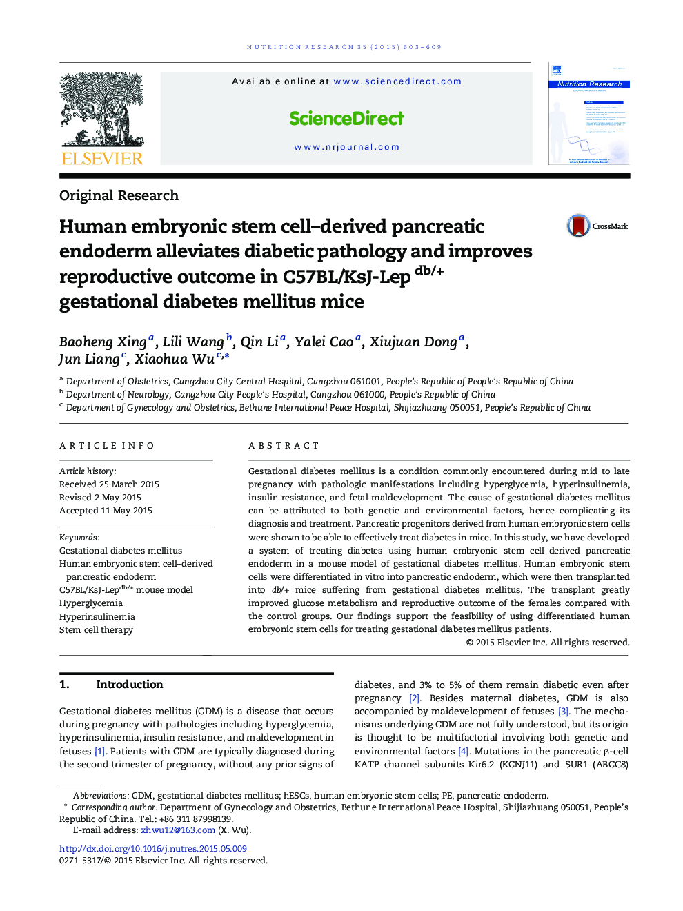 Human embryonic stem cell–derived pancreatic endoderm alleviates diabetic pathology and improves reproductive outcome in C57BL/KsJ-Lepdb/+ gestational diabetes mellitus mice