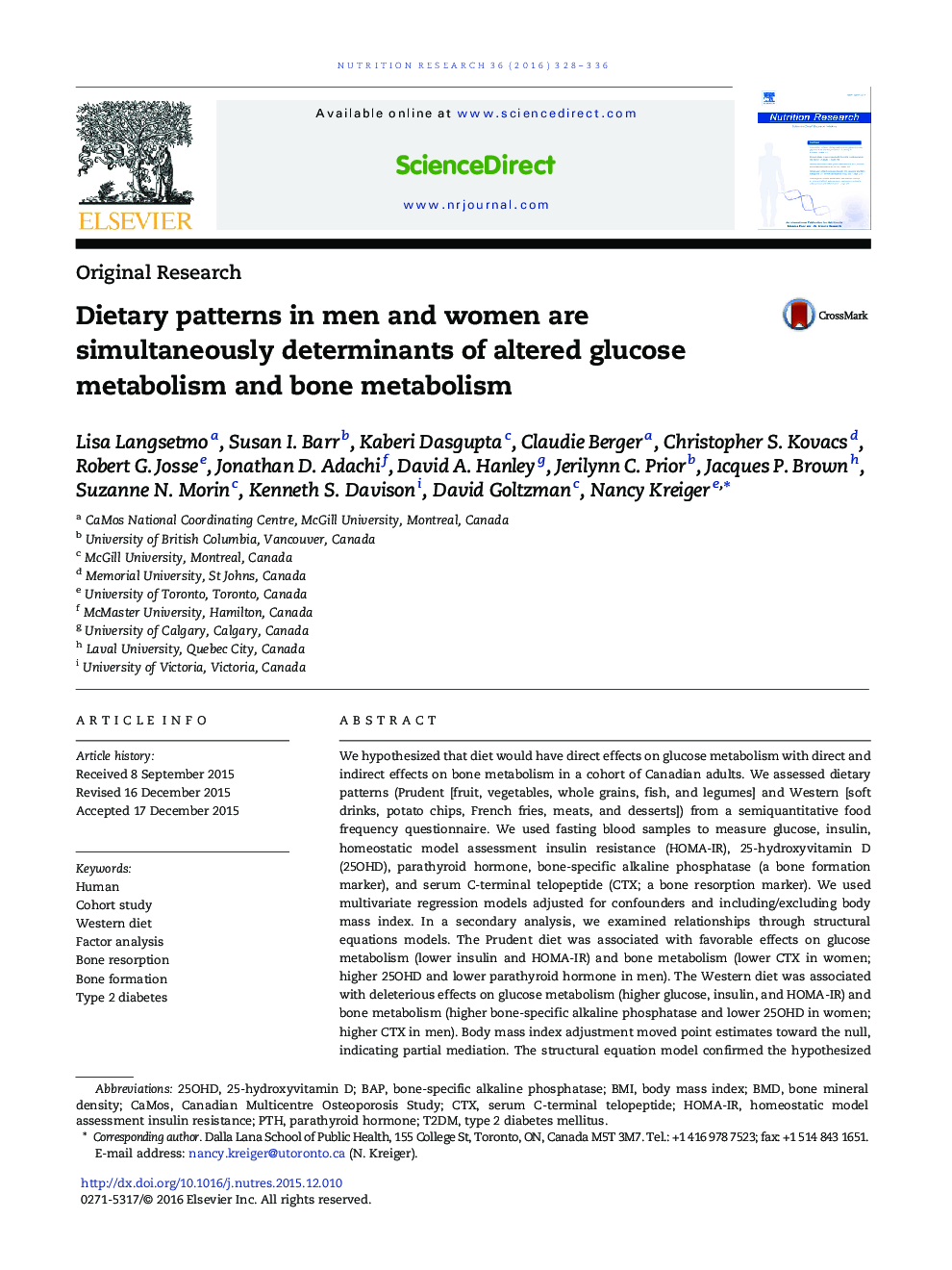 Dietary patterns in men and women are simultaneously determinants of altered glucose metabolism and bone metabolism