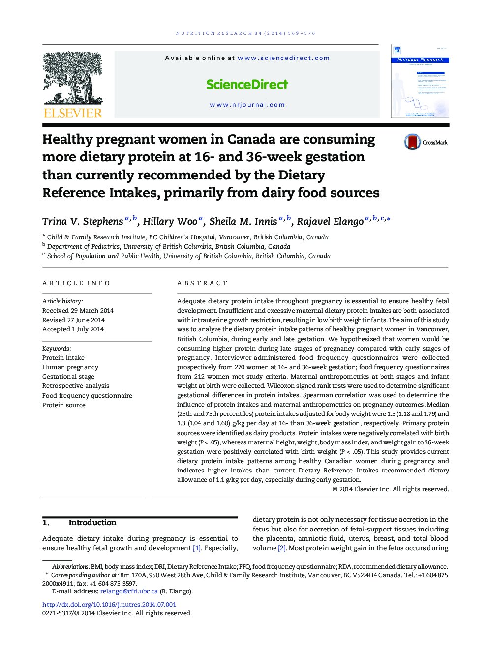 Healthy pregnant women in Canada are consuming more dietary protein at 16- and 36-week gestation than currently recommended by the Dietary Reference Intakes, primarily from dairy food sources