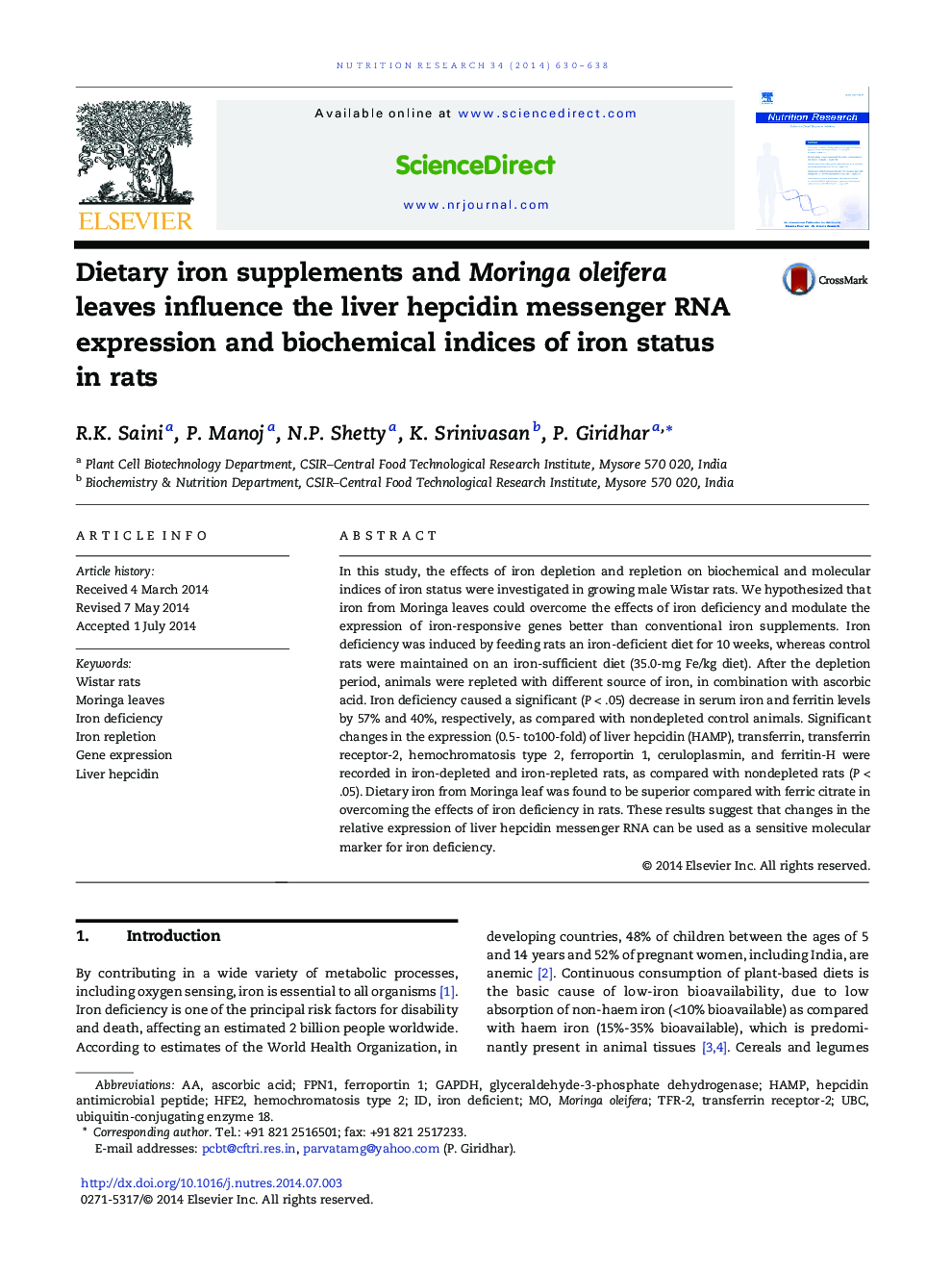 Dietary iron supplements and Moringa oleifera leaves influence the liver hepcidin messenger RNA expression and biochemical indices of iron status in rats