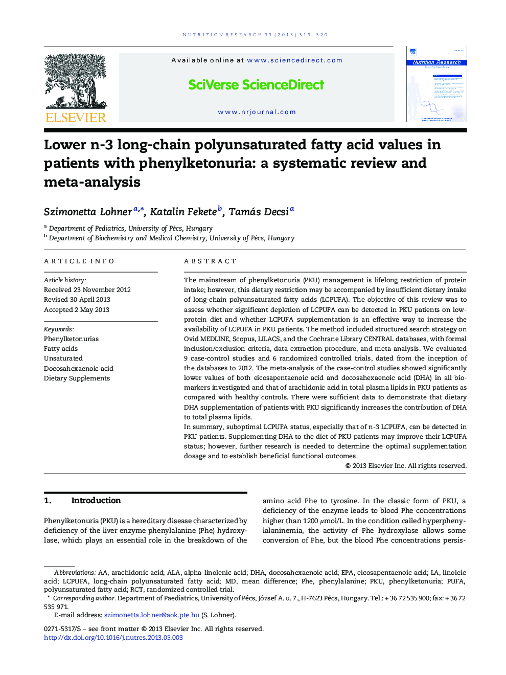 Lower n-3 long-chain polyunsaturated fatty acid values in patients with phenylketonuria: a systematic review and meta-analysis
