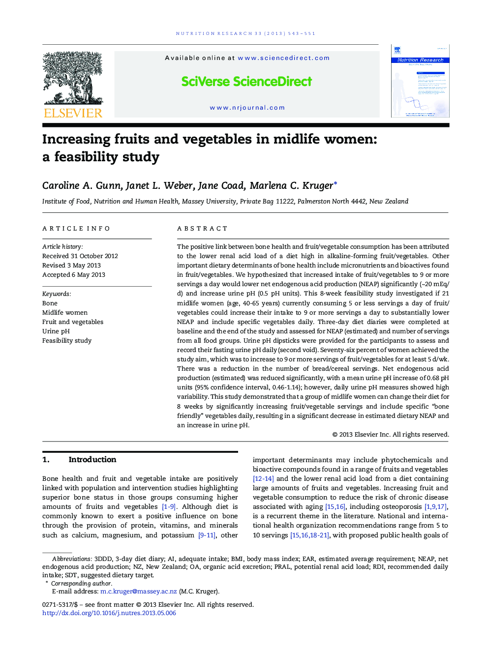 Increasing fruits and vegetables in midlife women: a feasibility study