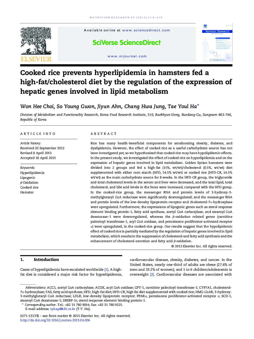 Cooked rice prevents hyperlipidemia in hamsters fed a high-fat/cholesterol diet by the regulation of the expression of hepatic genes involved in lipid metabolism