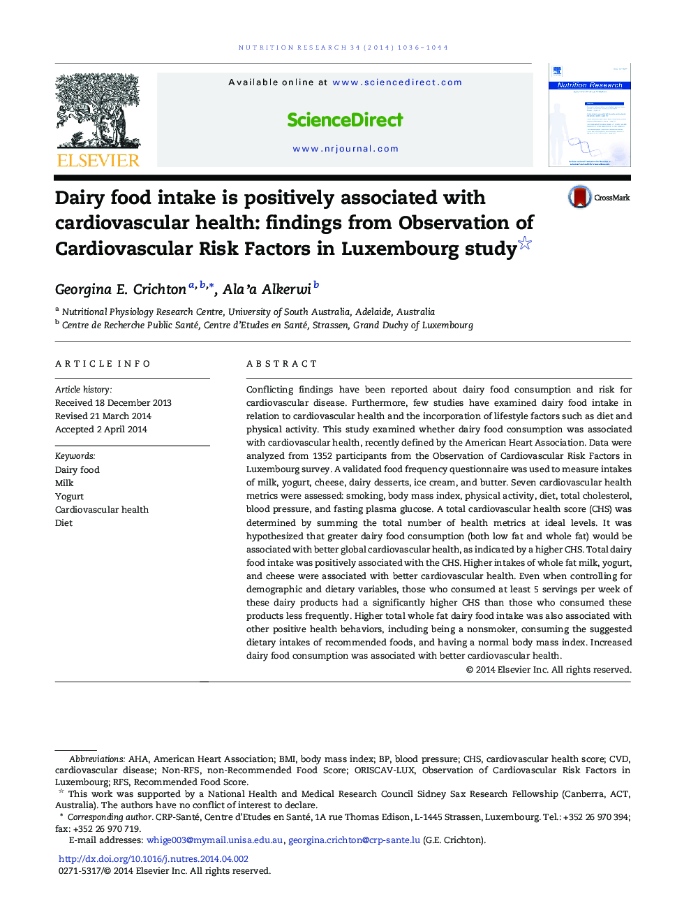Dairy food intake is positively associated with cardiovascular health: findings from Observation of Cardiovascular Risk Factors in Luxembourg study 