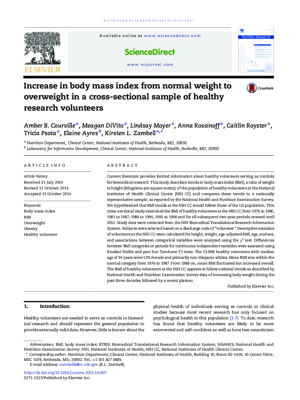 Increase in body mass index from normal weight to overweight in a cross-sectional sample of healthy research volunteers