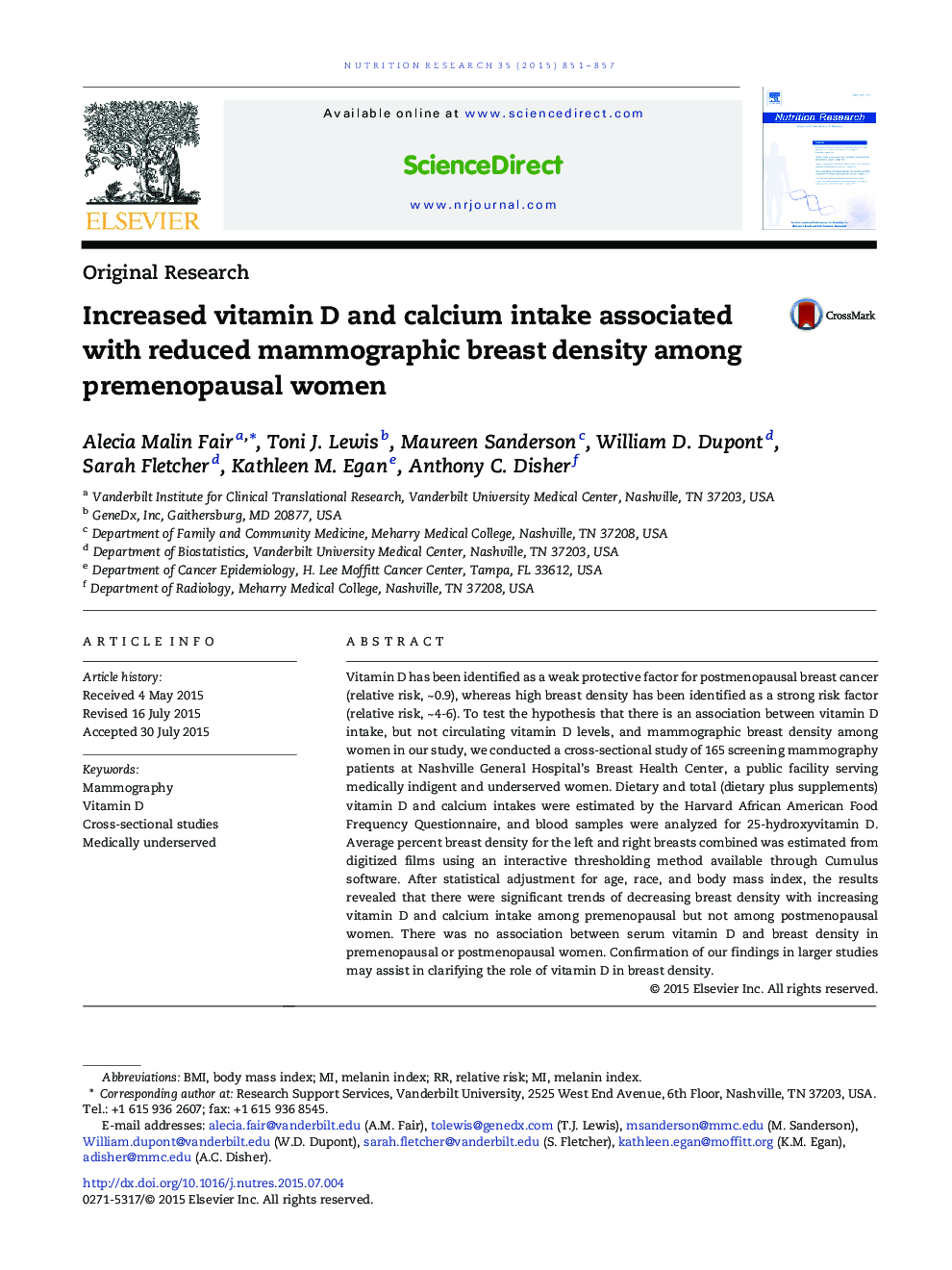 Increased vitamin D and calcium intake associated with reduced mammographic breast density among premenopausal women